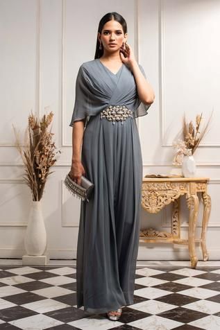 Shop for Seema Thukral Blue Pure Georgette Jumpsuit for Women Online at Aza Fashions Party Wear Outfits Western, Georgette Dress Western, Indo Western Outfits For Women, Panda Sketch, Draped Jumpsuit, Petal Sleeves, Georgette Gown, Western Dresses For Women, Latest Dress Design