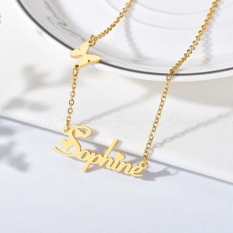 Shopee Nameplate Necklace, Personalized Letters, Gold Choker Necklace, Necklace Brands, Custom Name Necklace, Gold Choker, Stainless Steel Pendant, Butterfly Necklace, Letter Necklace