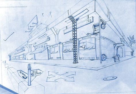 Bus Depot In 2 Point Perspective, Exam Drawing, 2 Point Perspective Drawing, 2 Point Perspective, Perspective Lessons, Engagement Mehndi, Perspective Sketch, Bus Stand, Perspective Drawing Lessons