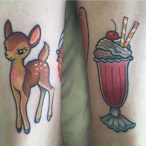 Milkshake Tattoo, Lovely Tattoo, Leg Tats, Girly Tattoo, Pretty Tattoo, Drawing Sculpture, Cute Deer, Girly Tattoos, American Traditional