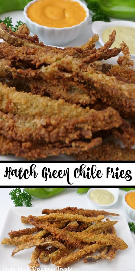 Hatch Green Chile Fries is an easy appetizer recipe, made with New Mexico hatch green chiles that are cut into long strips then dipped into a flour mix, then dip into buttermilk/egg mix and lastly dip into a panko/tempura mixture and fry to crispy perfection. Hatch Chili Appetizer, Green Chili Sausage Gravy, Green Chili Fries, Fresh Hatch Chili Recipes, Recipes With Roasted Green Chilis, Crispy Chile Rellenos, Hatch Green Chili Recipes, Hatch Green Chile Recipes, Chili Fries Recipe