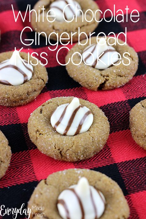 These White Chocolate Gingerbread Kiss Cookies are the cookies for those that love ginger! The white chocolate kiss candies are the perfect finishing touch! | EverydayMadeFresh.com Kisses Cookies, Chocolate Kiss Cookies, Chocolate Gingerbread, Xmas Desserts, Chicory Recipe, Desserts Cookies, Kiss Cookies, Holiday Recipes Christmas, Kisses Chocolate