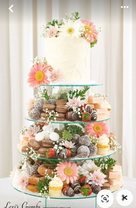 Wedding Tower Cake, Cake And Cookie Table Wedding, Wedding Desserts That Arent Cake, Wedding Treat Table Ideas Receptions, Wedding Cookie Cake Tower, Wedding Cake On Stand, Dessert Stand Wedding, Wedding Cake Dessert Tower, Wedding Cake With Cookies