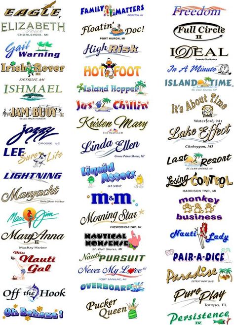 Boat Names & custom decals Cricut Boat Decals, Boat Lettering Fonts, Boat Decals Ideas, Boat Decals Graphics, Boat Fonts, Jeep Names Ideas, Clever Boat Names, Cool Boat Names, Fishing Boat Names