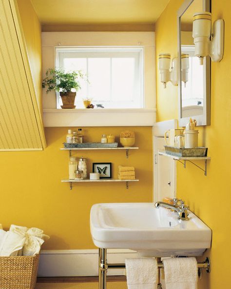 My bathroom is tiny, may need to install a few of these Mustard Yellow Bathroom Ideas, Mustard Yellow Bathroom, Yellow Bathroom Ideas, Yellow Bathroom Walls, Marble Threshold, Marble Shelf, Yellow Bathroom, Diy Marble, Yellow Bathrooms