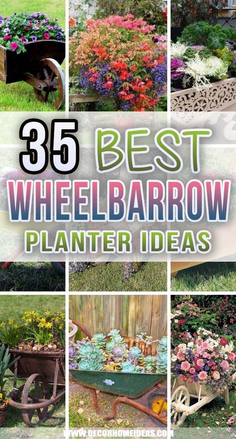 Best Wheelbarrow Planter Ideas. Spruce up your garden with these wheelbarrow planter ideas. They will add accent and visual interest just by planting some beautiful flowers in them. #decorhomeideas Plants In Wheelbarrow Flower, Flower Bed With Wheelbarrow, Wheelbarrow Garden Decor, Decorative Flower Bed Ideas, Flowers Outdoor Ideas, Wheel Barrow Planter Ideas Plants, Wheelbarrow Flower Bed, Upcycle Wheelbarrow Ideas, Wheelbarrow Succulent Planter Ideas