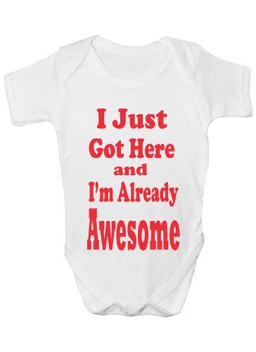 I Just Got Here Awesome~Funny Babygrow~Babies Gift Boy/Girl Vest Babies Clothing 0-3 white Print4U http://www.amazon.co.uk/dp/B00903FX8M/ref=cm_sw_r_pi_dp_wCWkvb08PZX70 Toddler Projects, Newborn Bibs, I Love My Brother, Baby Kleidung, Girls Vest, Baby Grow, Baby Christening, Baby Boy Gifts