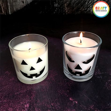 Halloween Craft Countdown 2020 - Craft with Sarah Candles For Halloween, Halloween Candles Diy, Pumpkin Face Designs, Cute Pumpkin Faces, Halloween Cricut, Craft To Make, Halloween Craft Projects, Idee Cricut, Using Cricut