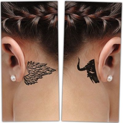 Woman with Behind-the-ear Angel and Demon Tattoo Angel And Devil Tattoo, Small Angel Tattoo, Angel Devil Tattoo, Behind Ear Tattoos, Tattoo Behind Ear, Petit Tattoo, Evil Tattoos, Devil Tattoo, Demon Tattoo