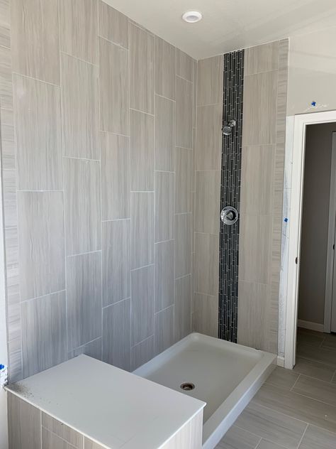 Stacked Tile Shower Wall Vertical, Verticle Shower Wall Tile, Shower Tile 12x24, Small Beach Bathroom Ideas, Pattern On Wall, Vertical Tile, Mosaic Shower Tile, Shower Stand, Tile Accent Wall