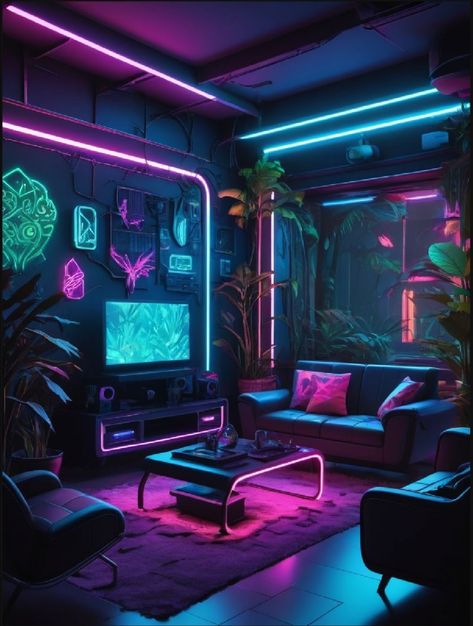 Cyberpunk Apartment Interior Design, Vaporwave Room Aesthetic, Futuristic Room Ideas, Cyberpunk Room Ideas, Grunge Living Room, Cyberpunk Living Room, Cyberpunk Decor, Cyberpunk Architecture, Horror Bedroom