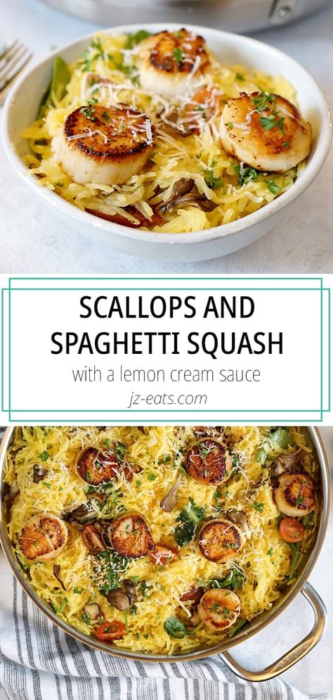 Seared Scallops in a white bowl pinterest pin Spaghetti Squash Recipes Healthy, Spaghetti Squash Recipe, Cooking Spaghetti, Seared Scallops, Squash Recipe, Spaghetti Squash Recipes, Scallop Recipes, Scallops Seared, Quick Dinner Recipes