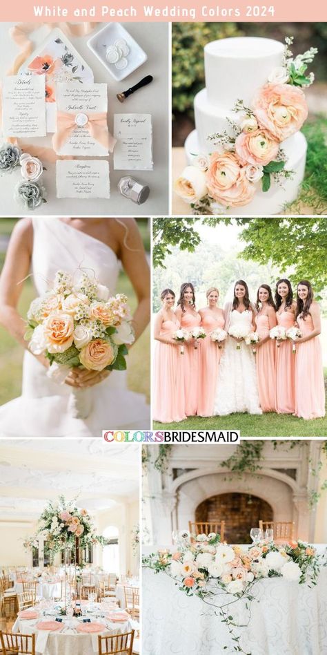 White and peach wedding color palettes inspirations for 2024: white bridal gown, peach bridesmaid dresses, white and peach wedding bouquets, white wedding invitations with some peach decorations, white wedding cakes with peach flowers decoration, white wedding cloth, peach napkins and peach table centerpieces. #weddingcolors #weddingideas #whiteweddings #colsbm #2024 #bridesmaiddresses #whiteandpeach Peach Wedding Colors, Pale Pink Weddings, Princess Food, Pale Dogwood, Wedding Color Scheme, Wedding Color Palettes, Pink Wedding Decorations, White Bridal Gown, Wedding Color Ideas