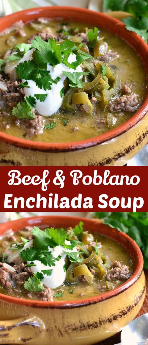 “Mmmm” is the only sound you will hear at dinner when you serve this Beef and Poblano Peppers Enchilada Soup. So much flavor, your taste buds will be in heaven. Beef Enchilada Soup, Poblano Recipes, Poblano Soup, Poblano Peppers Recipes, Beef Enchilada, Poblano Pepper, Beef Soup Recipes, Poblano Peppers, Enchilada Soup