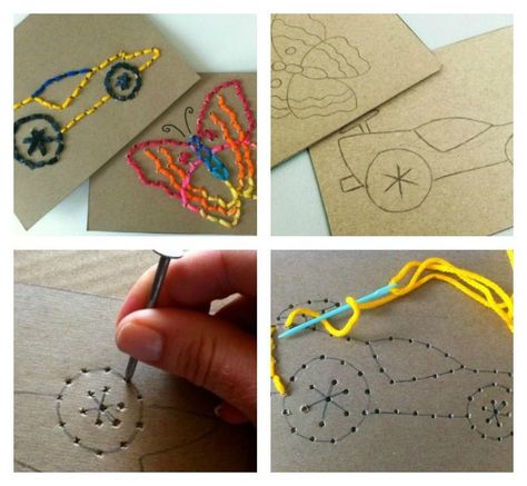 Sewing for Kids - Easy Stitch Cards: Practice fine motor skills [generally cool art technique] Maluchy Montessori, Stitch Cards, Kids Sewing, Seni Dan Kraf, Aktivitas Montessori, Easy Stitch, Crafty Kids, Teach Kids, Creative Blog