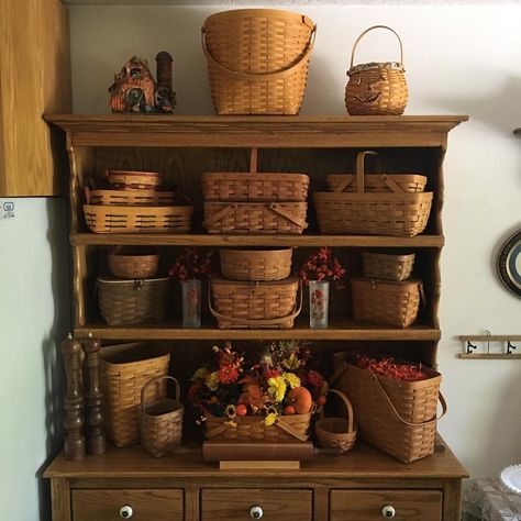 I saw a peek of Fall yesterday on the mountain out front so the trees reminded me that I needed to gather my Longaberger baskets. This is… | Instagram Longaberger Basket Ideas, Decorate With Baskets, Primitive Living, Primitive Living Room, Longaberger Baskets, Old Drawers, Boutique Display, Fall Things, Gathering Room