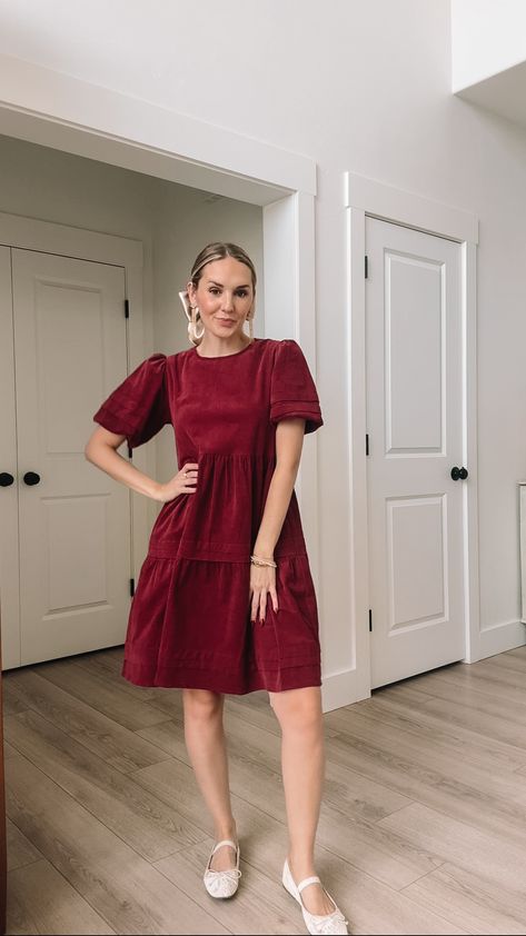 what to wear to a ballet, christmas party modest outfit, red dress, burgundy dress, hair bow ideas for women Modest Holiday Outfits, The Holiday Outfits, Hair Bow Ideas, Red Corduroy Dress, Outfits For Christmas, Ballet Christmas, Bow Ideas, Modest Outfit, Ballet Clothes