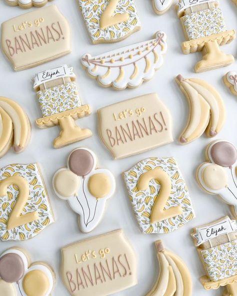 Leah Durso on Instagram: "Let’s go bananas…Elijah is 2 🍌" Banana Royal Icing Cookies, Second Birthday Cookies, Piped Cookies, Banana Birthday, Sugarbelle Cookies, Number Cookies, Banana Party, Cookie Techniques, Cookie Birthday