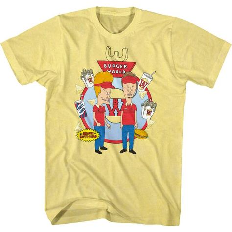 Burger World T-Shirt - Beavis and Butt-Head T-Shirt! THERE ARE OVER 25,000 T-SHIRTS ON THE SHIRT LIST!Be sure to check them out! Irreverent Humor, Beavis And Butthead, Rocker Look, Disney Stars, Yellow Shirts, 90s Nostalgia, Tour Shirt, Laid Back Style, Jersey Fabric