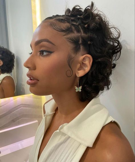 Styles For Ear Length Hair, Space Buns Pixie Hair, Very Curly Short Hairstyles, Locs Hairstyles For Women Curly Ends, Crown Braid Curly Hair Natural Curls, Hairstyles For Short 4b/4c Hair, Short Hair With Skunk Stripe, Dominican Republic Hairstyles, Hairstyles For A Tea Party