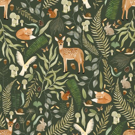 Woodland Creature Wallpaper, Woodland Animals Wallpaper, Woodland Illustration Forest, Forest Pattern Design, Forest Pattern Illustration, Nature Graphic Design Illustration, Woodland Animals Illustration, Woodland Theme Bedroom, Woodland Background