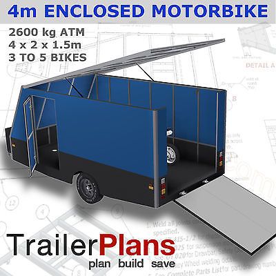 Trailer Plans - 4m ENCLOSED MOTORBIKE TRAILER - PLANS ON CD-ROM Race Car Trailer, Motorbike Trailer, Food Truck Business Plan, Tool Trailer, Cage Trailer, Trailer House, Work Trailer, Diy Camper Trailer, Trailer Kits