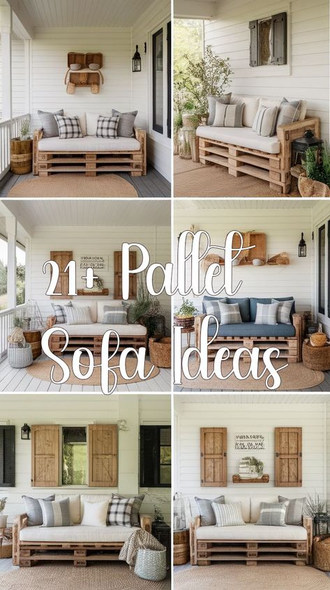 Save money and upgrade your space with pallet furniture hacks Pallet Chairs Outdoor, Easy Pallet Furniture, Sofa Ideas, Wooden Pallet Furniture, Pallet Sofa, Pallet Decor, Neat Ideas, Furniture Hacks, Woodworking Plans Free