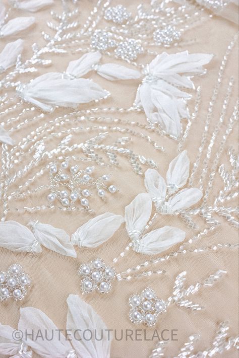 Leah Da Gloria, Beaded Wedding Dress, Couture Fabric, Haute Couture Embroidery, Ribbon Embroidery Tutorial, Hand Beaded Embroidery, Beaded Lace Fabric, Wedding Dress Lace, Chiffon Flower