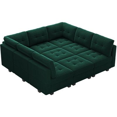 The existence of modular sofas allows you to give full play to your imagination! The cushion with high resilience foam and deep and thick cushions brings a comfortable sitting experience! This modular sectional sofa couch is made with a sturdy solid wood frame, filled with a high-density sponge, designed for long and lasting use. It is 100% filled with premium cotton, which is fluffy and soft, has better resilience provides perfect softness, and gives you a feeling of relaxation to enjoy your li Witchy Couch, Vintage Maximalism Living Room, Cozy Media Room, Green Decor Living Room, Dark Green Couch, Green Sectional, Custom Staircase, Velvet Sleeper Sofa, Unique Interiors