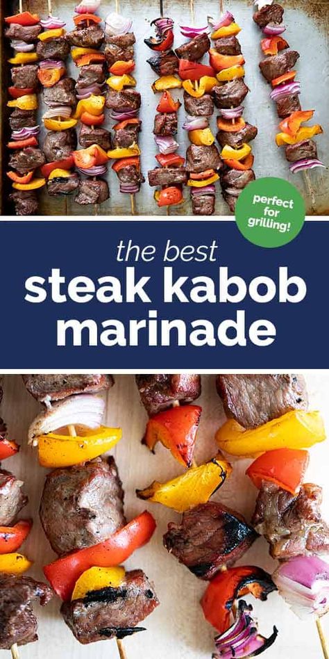 Full of bold flavor, this Steak Kabob Marinade is the best when grilling steak kabobs! Only 5 ingredients in the marinade - this is super easy and a great way to stretch a steak! #recipe #steak #grilling #kabob #marinade Grilling Recipes Kabobs, Steak Kabob Marinade, Kabobs Chicken, Grilled Kabobs, Easy Kabobs, Grilled Steak Kabobs, Kabob Marinade, Grilled Kabob Recipes, Grilling Kabobs