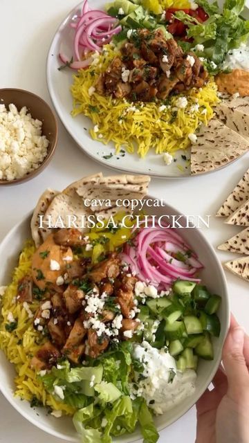 Cava Salad Recipe, Cava Meal Prep, Cava Rice Recipe, Cava Harissa Recipe, Cava Chicken, Chicken Hummus Bowl, Cava Recipes, Homemade Cava Bowls, Harissa Chicken Salad