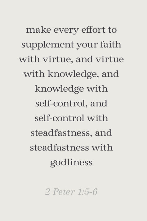 "make every effort to supplement your faith with virtue, and virtue with knowledge, and knowledge with self-control, and self-control with steadfastness, and steadfastness with godliness" 2 Peter 1:5-6 Virtue Quotes, Christian Virtues, Dread Head, 2 Peter, Self Control, Quotes About Strength, Cute Quotes, Bible Quotes, Quotes To Live By