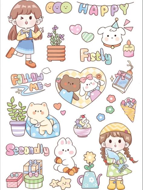 Sticker Pack Template, Stiker Kawaii Cute, Stiker Journal, Korean Printable, Sticker Design Inspiration, Karakter Sanrio, Preppy Stickers, Cute Easy Doodles, Korean Stickers