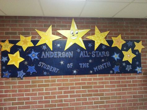 Anderson student of the month will b posted under sign each month Star Of The Month Board Ideas, Student Of The Month Ideas, Student Of The Month Bulletin Board, School Counselor Bulletin Boards, Star Bulletin Boards, Class Board Decoration, Fame Ideas, Inspirational Bulletin Boards, Creative Bulletin Boards