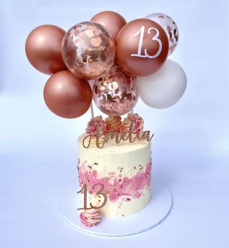 We love this rose gold tones with confetti balloons for this balloon cake topper we created 🤗 stunning cake by @bryncottagecafe #ballooncaketopper #caketopper #balloontopper #balloongarland #smallballoongarland #cakeinspiration #balloonndecoration #cakeideas #13thbirthday Cake Designs For 11 Year Girl, 13yrs Old Birthday Ideas, Birthday Cake 12 Yrs Old, 13th Bday Cake Ideas, Teenager Cakes Girl 13th Birthday, Girls 13th Birthday Cake, Teen Cakes For Girls 13th Birthday, 13th Birthday Balloon Ideas, 12th Birthday Cake Girl