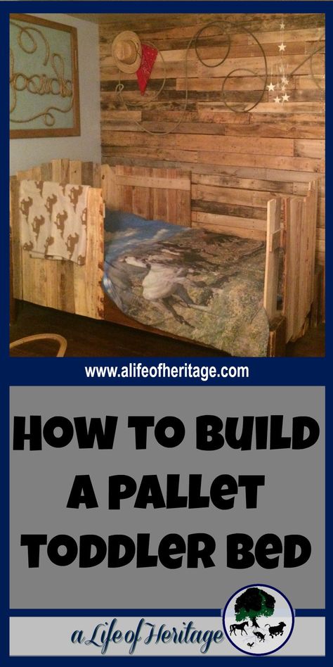 Pallets | Pallet Projects | Pallet Bed | Building with Pallets | An old bed can be transformed into a pallet toddler bed for a little cowboy's room with old pallets. Turn something old into something new and useful! Pallet Toddler Bed, Building With Pallets, Diy Toddler Bed, Cowboy Room, Pallet Building, Diy Pallet Bed, Wood Projects For Kids, Pallet Bed, Old Beds