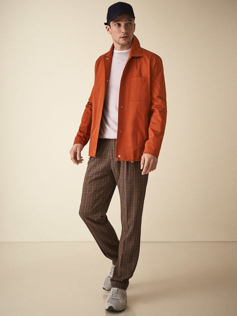 The Lightweight Autumn Layer You've Ignored For Too Long #clothing #outerwear #jacket #orange #fashion #brown #suit #gentleman #standing #blazer Orange Button Down Shirt Outfit, Orange Jacket Outfit Men, Orange Men Outfit, Orange Shirt Outfit Men, Brown And Orange Outfit, Brown Suit, Coach Jackets, Man Outfit, Retro Sportswear