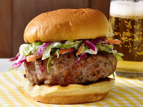 Perfect Pork Burgers recipe from Food Network Kitchen via Food Network. I'd cook the bacon first Perfect Burger Recipe, Pork Burgers Recipes, Burger Recipes Beef, Ground Pork Recipes, Best Burger Recipe, Hot Dog Recipes, Burger Recipe, Cat Recipes, Good Burger