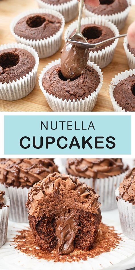 Gluten Free Nutella Cupcakes, Fluffy Chocolate Cupcakes, Hazelnut Cupcakes, Nutella Icing, Cupcakes Gluten Free, Gluten Free Cupcake Recipe, Nutella Filling, Gluten Free Chocolate Cupcakes, Chocolate Cupcakes Filled