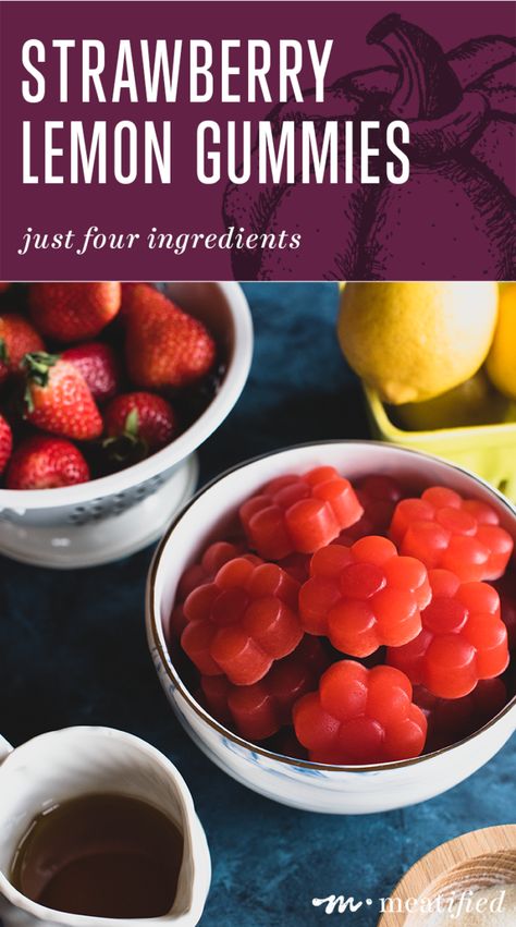 Just four ingredients are all that's needed to make these fruit-tangy Strawberry Lemon Gummies from https://meatified.com. A super simple, delicious way to get your gelatin in! Aip Gummies, Postpartum Nourishment, Lemon Gummies, Gummy Recipes, Strawberry Gummies, Pro Metabolic, Aip Snack, Healthy Gummies, Homemade Gummies