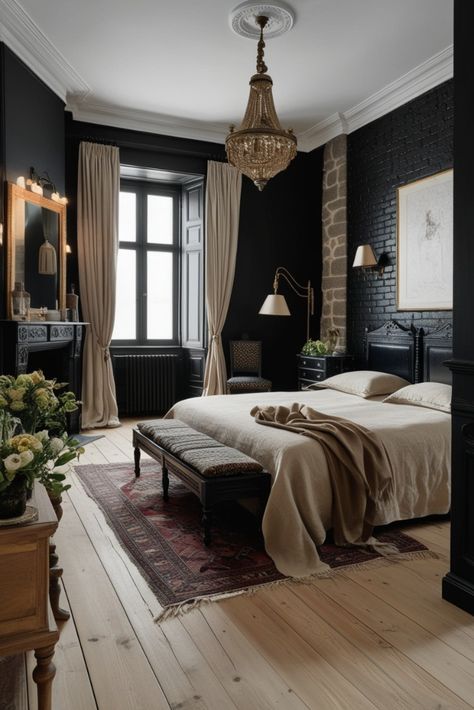 Bedroom Design Ideas Home Bedroom Refresh Dark Chic Bedroom, Black Color Drenched Bedroom, Moody Modern Bedroom, French Country Living, French Country Bedrooms, Victorian Farmhouse, Wooden Floors, Bedroom Design Ideas, Bedroom Black