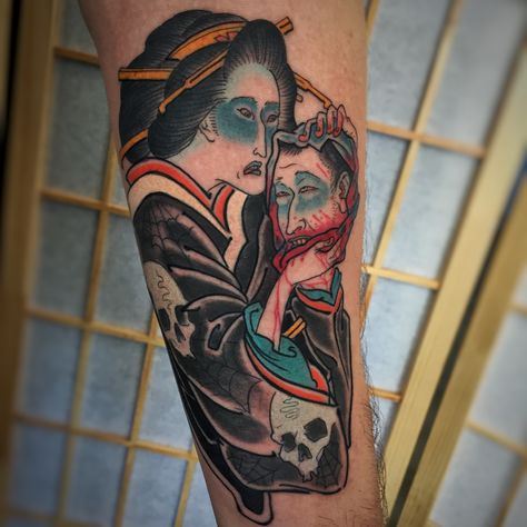 Japanese ghost tattoo with severed head (namakubi) by Kyle Ward (@kyledubb) Phoenix, Arizona Japanese Ghost Tattoo, Gore Tattoos, Japanese Ghost, Severed Head, Tattoo 2023, Arrow Art, Ghost Tattoo, C Tattoo, Girl God