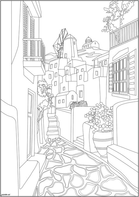 Pretty street in a typical Portuguese town - JustColor.net : Free printable coloring pages for adults and kids Around The World Coloring Pages, Houses Coloring Pages, Ancient Greece Mythology, Missions Conference, Greek Buildings, Printable Coloring Pages For Adults, Egypt Hieroglyphics, Greece Mythology, Tibet Art