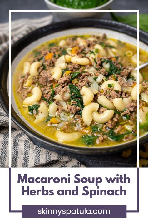 This macaroni soup with herbs and spinach is hearty and nourishing and just perfect for a cold day. Loaded with veggies, lean ground beef, and pasta, this simple macaroni soup without tomatoes is also super easy to make. Bonus — the leftovers taste amazing! Soup Without Tomatoes, Ground Beef And Pasta, Macaroni Soup Recipes, Ground Beef And Spinach, Beef And Pasta, Comfort Recipes, Macaroni Soup, Ground Beef Pasta, Easy Macaroni