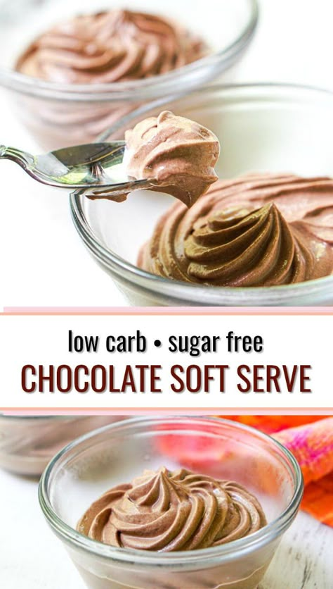 For those days you want a quick sweet treat, you can whip up this low carb chocolate soft serve ice cream in just 5 minutes. You only need 3 ingredients and you have a creamy, sweet, sugar free dessert with only 4g net carbs! #ketorecipes #Lowcarbrecipes #sugarfreedessert #softserve #yogurt #icecream #quickrecipe #easyrecipe Chocolate Soft Serve Ice Cream, Soft Serve Ice Cream Recipes, Chocolate Soft Serve, Low Carb Protein Powder, Sugar Free Ice Cream, Sugar Free Drinks, Low Carb Ice Cream, Postre Keto, Serve Ice Cream