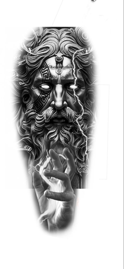 Greek Poseidon Tattoo, Greek Gods Sleeve Tattoo, Zues Tattoo Mythology Greek Gods, Hades Drawing Greek Mythology, Dios Griego Tattoo, Zues Tattoo Forearm, Zeus Tattoo Design Greek Gods, Hades Tattoo Design Greek Mythology, Zeus Tattoo Stencil