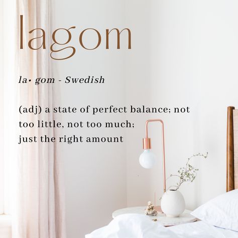 White bedroom room with minimalist decor. A white duvet on the bed, white side table, white lamp with copper accent. Lagom Quote, Swedish Words And Meanings, Lagom Meaning, Spiritual Interior, Swedish Lifestyle, Lagom Lifestyle, Phoenix Flying, Swedish Quotes, Hygge Ideas