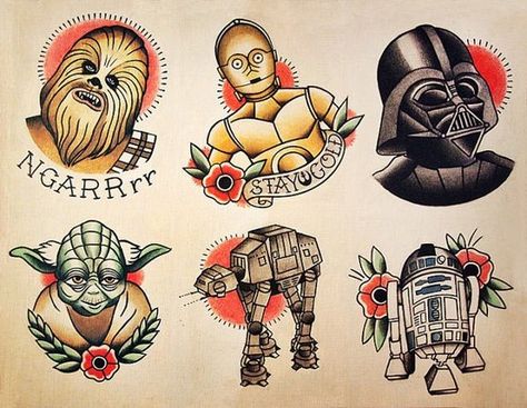 Sailor Jerry - Star Wars Flash Art Tattoos, Old School Ink, Art Flash, Star Wars Diy, Geniale Tattoos, Tattoo Old School, Star Wars Tattoo, Traditional Tattoo Art, Traditional Tattoo Flash