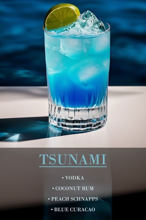 Tsunami Cocktail, Blue Cocktail Drinks, Blue Cocktail Recipes, Tipsy Bartender Recipes, Shots Drinks, Shots Alcohol Recipes, Bartender Drinks Recipes, Bartender Drinks, Liquor Recipes