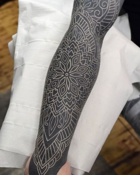 Black Leg Sleeve Tattoo, Blackout White Ink Tattoo, Blackout Arm Tattoo Sleeve, White On Black Tattoos, Black Filler Tattoo, Black Tattoo With White Ink, Blackout Geometric Tattoo, Black Out Tattoo With White Ink, White Ink On Black Tattoo